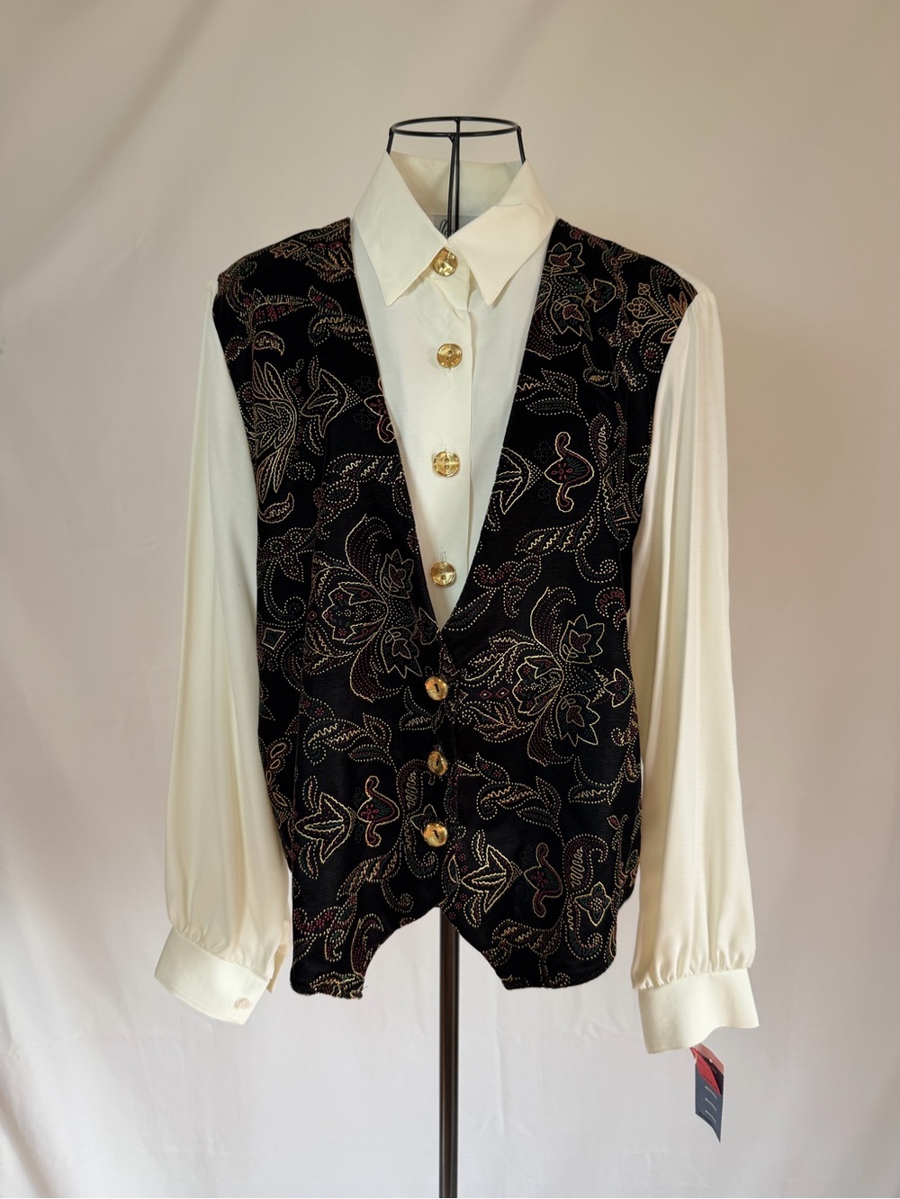 White Button-Up Blouse with Black Embroidered Vest